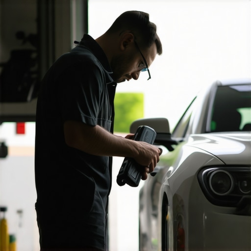 Technician scanning a vehicle's dashboard with a professional diagnostic scanner in a garage.
