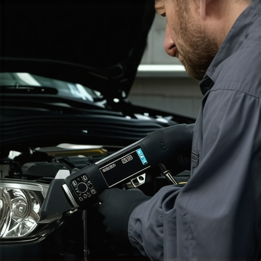 Mechanic adjusting a car's bolt with a digital torque wrench in a modern workshop