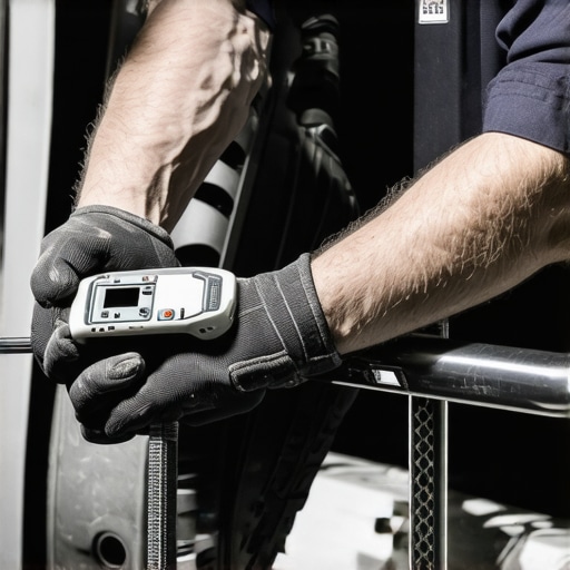 Mechanic adjusting a serpentine belt with a digital torque wrench in a well-lit garage