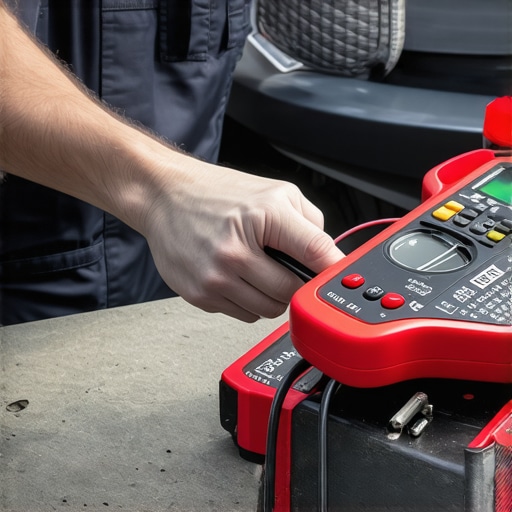 Person testing car battery voltage with a multimeter in garage
