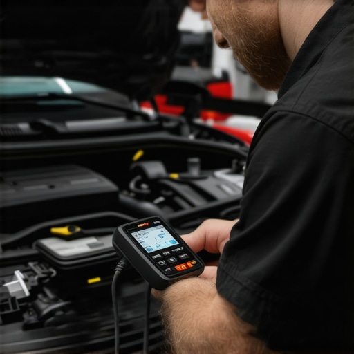 Mechanic diagnostics a vehicle's electronics with a tablet-based scanner in an auto shop.