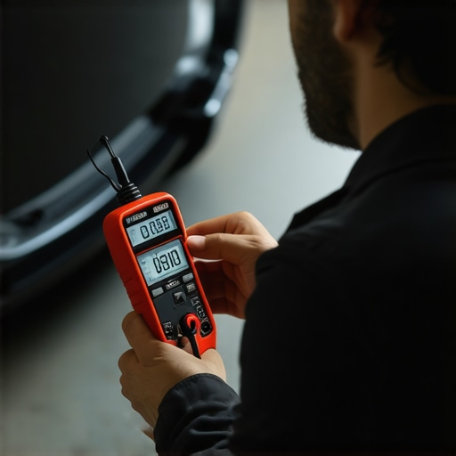 Mechanic testing car battery voltage with a digital multimeter in a garage