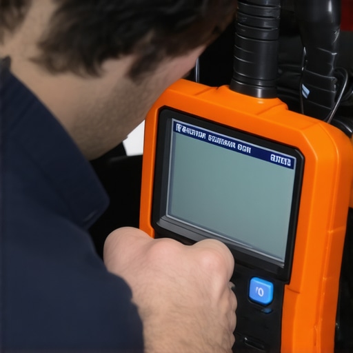 Technician diagnosing vehicle using a professional OBD-II scanner connected to a car's diagnostic port.