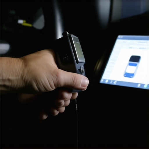 A mechanic operating a high-tech OBD-II scanner on a car dashboard, displaying detailed diagnostic data.
