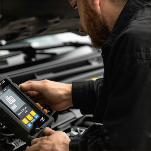 Mechanic diagnosing car issues with advanced scanner in a repair shop.