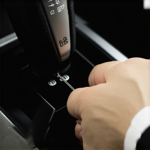A close up showing how to use a tool to press the shift lock override next to a car gear shifter