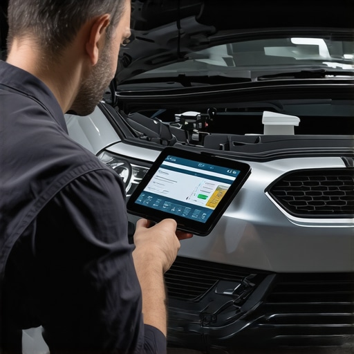 Mechanic performing a digital diagnostic scan on car sensors and electronics.