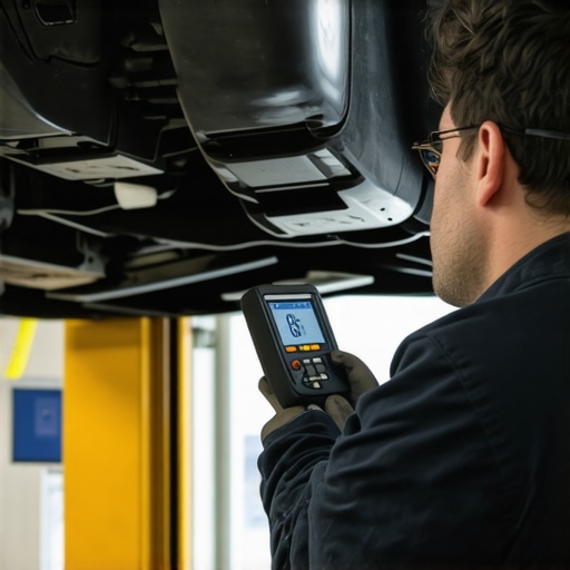 Mechanic using thermal imaging and pressure gauges to diagnose a clogged catalytic converter.