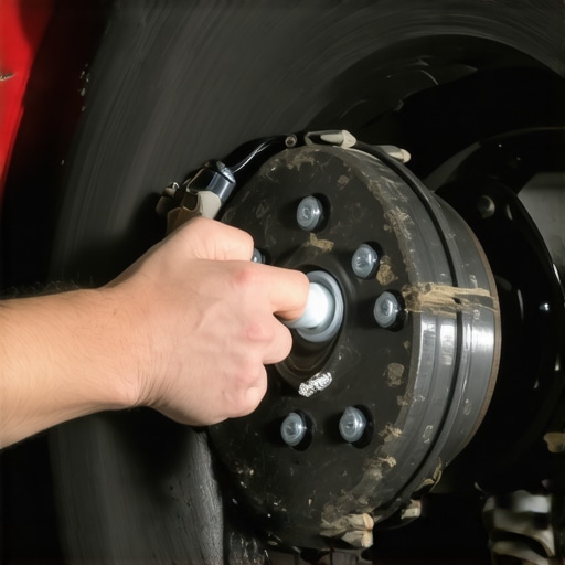 A technician inspecting vehicle brake pads through the wheel spokes