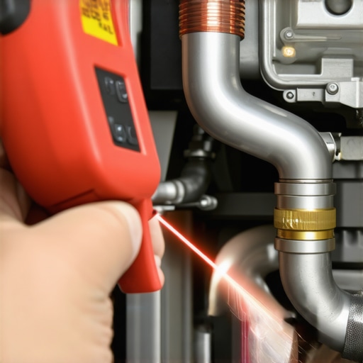 Mechanic using a dual-laser infrared thermometer to diagnose car heating system coolant pipes under the hood.