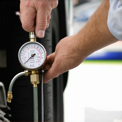 A professional mechanic checking automatic transmission line pressure using a diagnostic gauge.