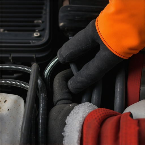 A mechanic inspecting the rubber hoses going to the heater core under the hood of a car.