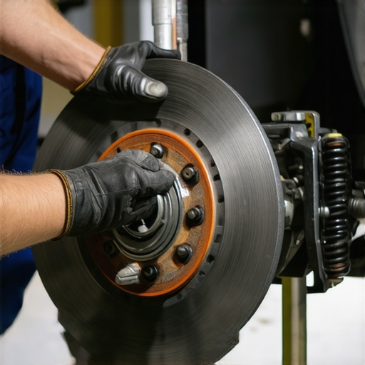 Mechanic inspecting a car's wheel bearing and brake assembly on a lift