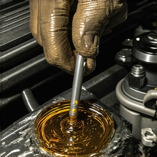 A mechanic inspecting dark synthetic engine oil on a dipstick