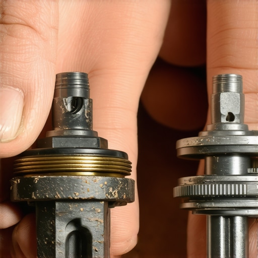 A dirty vs new PCV valve being held by a mechanic