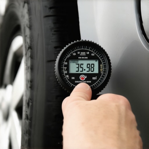 Close-up of a digital tire pressure gauge being used on a vehicle tire.
