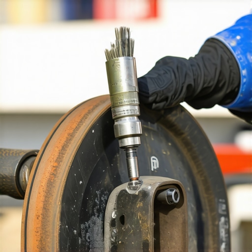 Mechanic cleaning rust from a wheel hub assembly to prevent premature brake wear