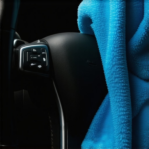 A microfiber cloth wiping away grime from a leather steering wheel to reveal a clean surface.