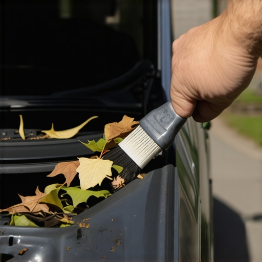 Hands removing leaves and dirt from under a car windshield cowl to clear blocked cabin drains.