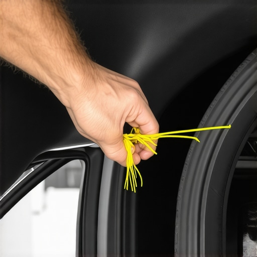Clearing sunroof drains with a weed-whacker line A person using a flexible line to clear a clogged car sunroof drainage hole.