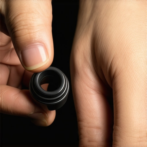 Comparing Old and New Valve Stem Seals A mechanic holding a worn valve stem seal and a new replacement seal over an open engine bay.