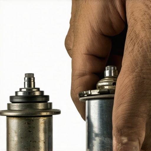 Comparing a new car thermostat with a faulty stuck-open thermostat An old corroded car thermostat next to a clean new replacement part on a mechanic's workbench