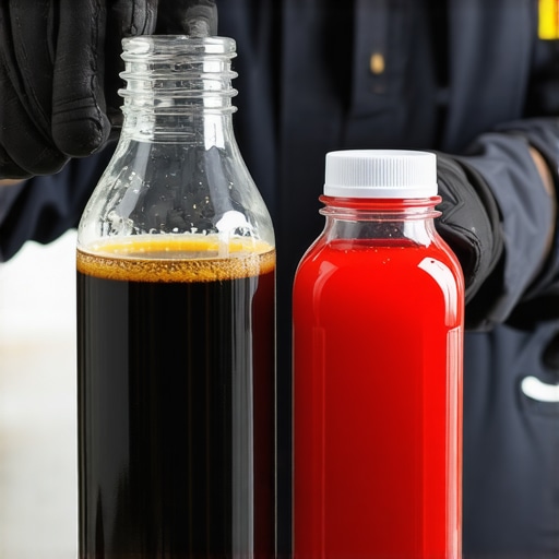 Dark burnt transmission fluid next to new red fluid