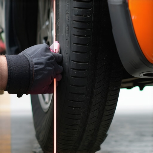 DIY String Method for Checking Car Frame Alignment A mechanic using a string to measure wheel alignment and detect potential car frame damage.