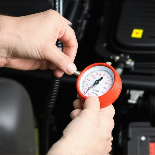 Diagnosing vacuum leak with hand pressure pump A mechanic testing an engine vacuum line for internal leaks using a specialized diagnostic pressure gauge tool.
