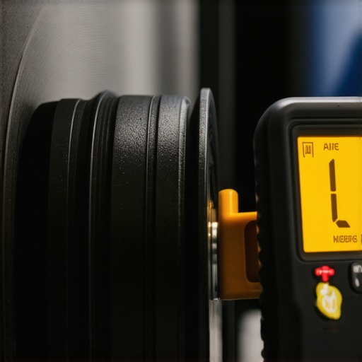 Using a digital inclinometer to measure camber angle on a car's brake rotor for precise alignment.