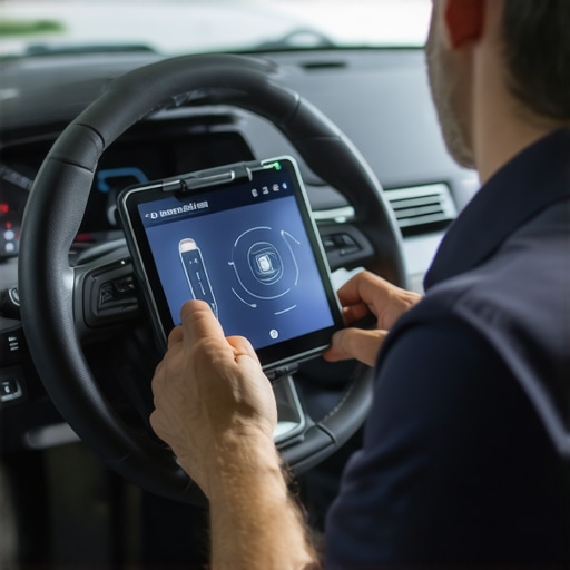 A technician calibrating a car's electronic power steering system using a diagnostic scanner.