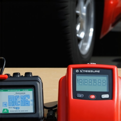 Cooling system pressure tester and diagnostic OBD2 scanner on a clean workbench