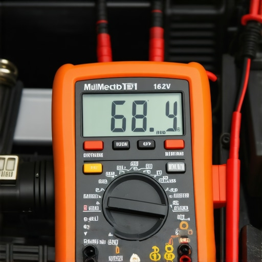 Close-up of a digital multimeter showing an overcharging car battery