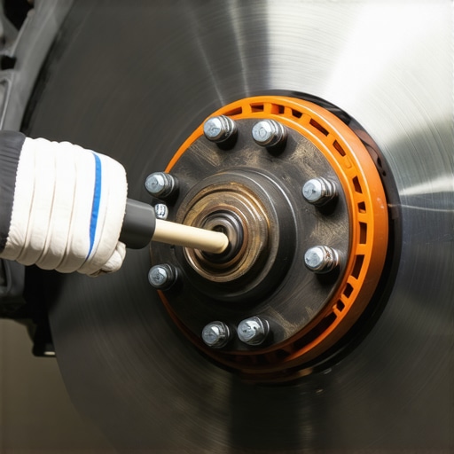 A mechanic inspecting the gap between a car brake rotor and the metal dust shield behind it in a garage.