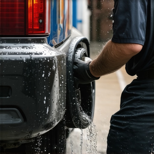 Mechanic checking a worn-out cabin air extractor vent behind the car bumper to prevent water intrusion