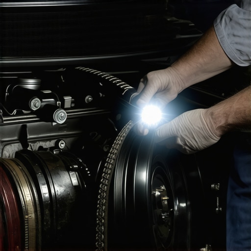 A mechanic inspecting a worn serpentine belt with a flashlight inside a car engine bay to find the source of a burning rubber smell.