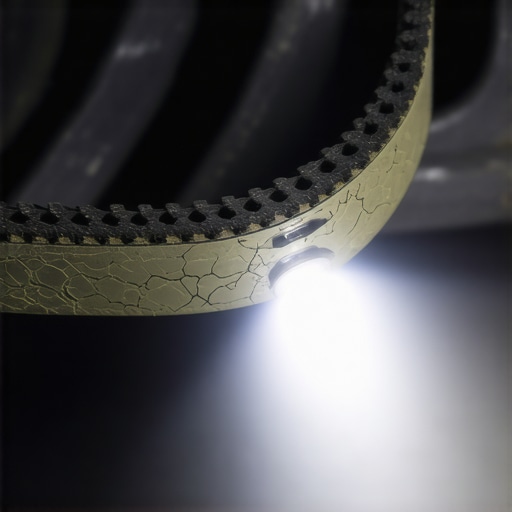 A close-up view of a damaged and cracked car timing belt inside the engine compartment