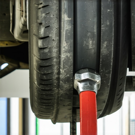 Mechanic checking worn control arm bushing with a pry bar under a car