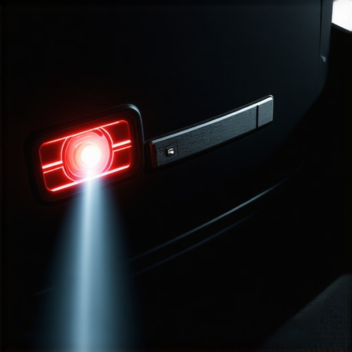 A glowing emergency trunk release handle being illuminated by a flashlight from inside the car trunk.
