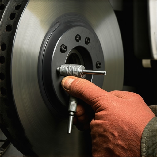 Measuring Brake Rotor Disc Thickness Variation Close-up of a micrometer measuring a brake rotor for uneven pad material deposits and thickness variation.