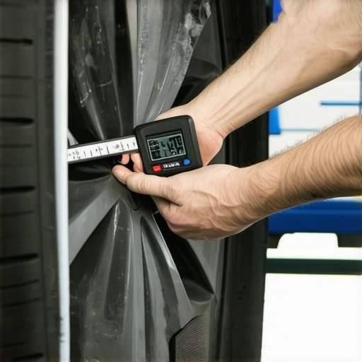 Mechanic measuring inner tread wear on a car tire to diagnose suspension issues