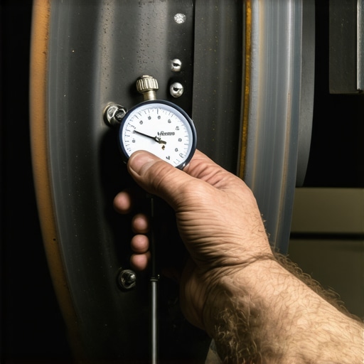 Close-up of measuring brake pad thickness on a car wheel assembly