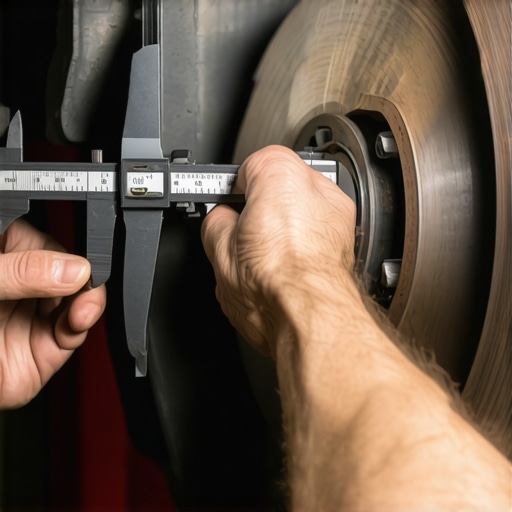 A mechanic measuring the remaining friction material on a vehicle brake pad to assess hydraulic fluid displacement.
