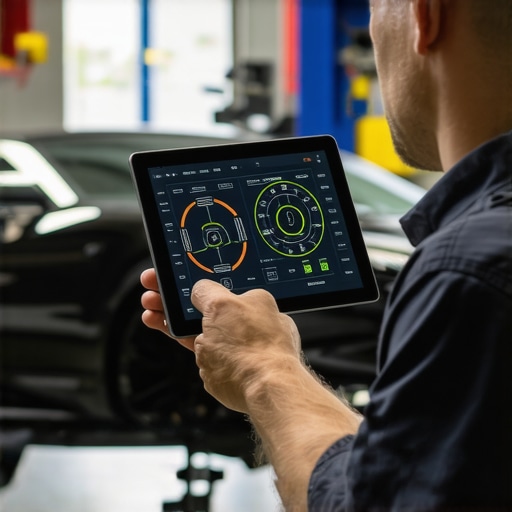Mechanic using a bidirectional scanner to reset a car steering angle sensor