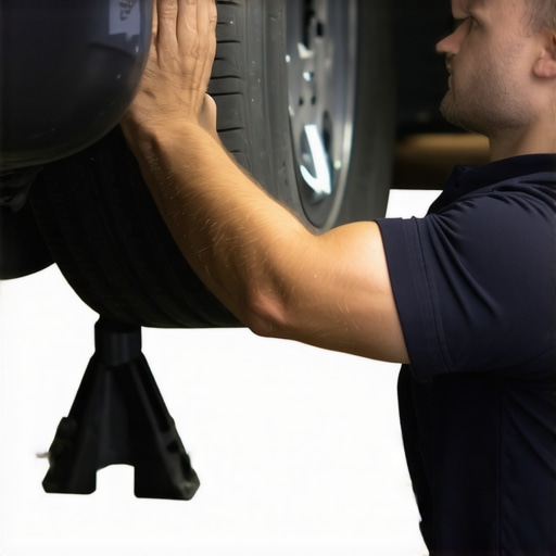 A person checking for loose suspension components by shaking a tire on a lifted car