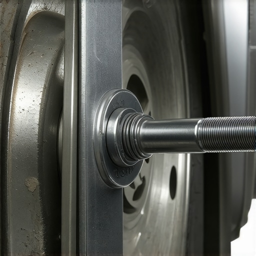 A mechanic using a split-beam torque wrench to properly secure a CV axle hub nut to manufacturer specifications.