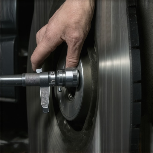A mechanic measuring a brake rotor with a micrometer to check for uneven wear and lateral run-out.