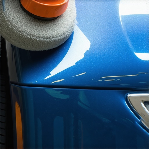 Close-up of a dual-action polisher on a blue car fender for paint restoration