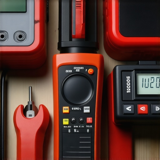 A collection of high-quality mechanic tools on a workbench including a torque wrench and diagnostic scanner.