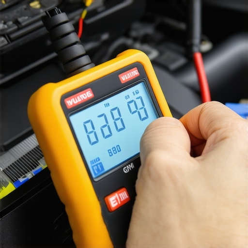 A mechanic testing a car battery with a digital analyzer in a garage
